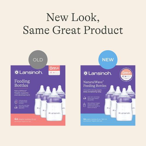 Lansinoh Anti-Colic Baby Bottles, BPA-Free Plastic, 5 Ounces, 4 Count, Extra Slow Flow Nipples (Size XS), Breastfeeding Bottle with NaturalWave Design