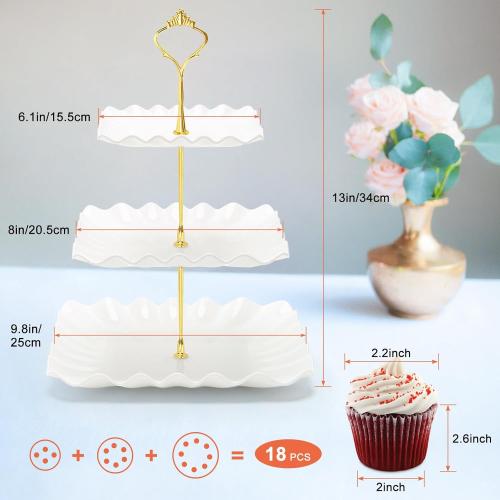 Coitak 3 Tier Cupcake Stand, Plastic Tiered Serving Stand, Square Dessert Tray for Tea Party, Baby Shower and Wedding (Pure White)
