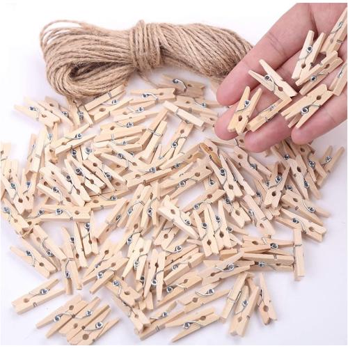 Mini Clothes Pins 200 Pcs - 1 Wooden Clothespins with 11FT Jute Twine, Small Tiny Clips for Photos, Crafts, Home Decor & Art Projects, Reusable Multi-Purpose Clothespins for DIY Projects
