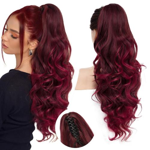 24''Long Wavy Ponytail Extension, Burgundy Ombre Claw Clip Hair Piece