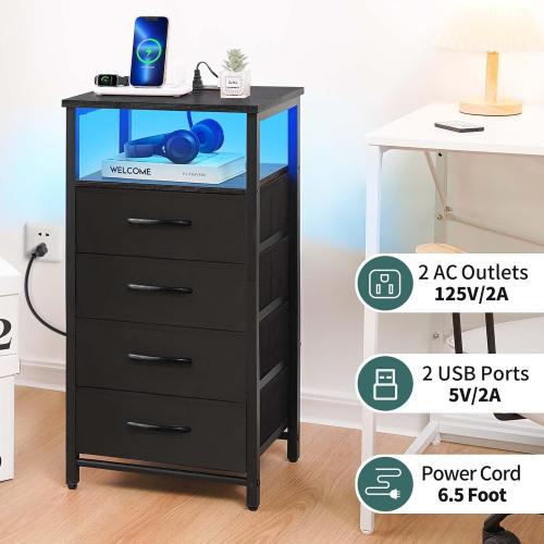 Yoobure Night Stand - Small Dresser for Bedroom, LED Black Nightstand with Charging Station, Bedside Table with 4 Fabric Drawers and Open Shelf, Vertical Dressers with USB Ports and Outlets may have missing accessories