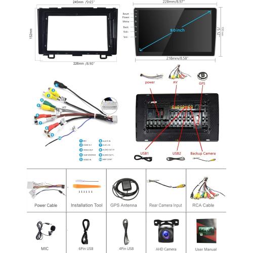 BLACK 9INCH 2 64G for Honda CRV 2007-2011 Android Car Stereo with Wireless Carplay/Android Auto, 9 Inch Touchscreen Bluetooth Car Radio Support WiFi GPS Navigation USB FM/RDS SWC HiFi Audio Backup Camera
