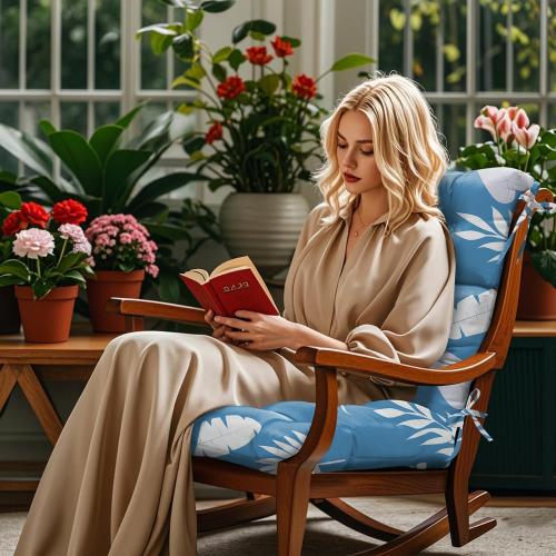 Rocking Chair Cushion, Waterproof Chairs Cushions for Adirondack Chairs Patio Couch High Back Thicked Cushions Outdoor and Indoor with Ties, Blue Leaf