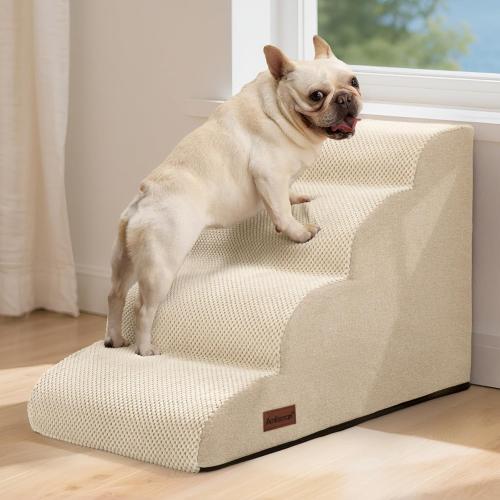 Aodisman Dog Steps for Bed and Couch,4-Step Dog Stairs and Ramp for Small Dogs & Cats,Indoor Anti-Slip Pet Stairs for Old Cats and Puppy,Beige