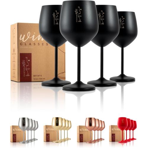 Gusto Nostro Stainless Steel Wine Glass - 18 oz - Unbreakable Black Wine Glasses for Travel, Camping and Pool - Fancy, Unique and Cool Portable Metal Wine Glass for Outdoor Events, Picnics (Set of 4)
