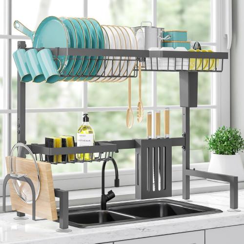 Dish Drying Rack Over The Sink - Large Capacity Stainless Steel Dish Drainer, Multifunctional Kitchen Organizer, Gray, 11 D x 30~33.9''W x 21.5 H