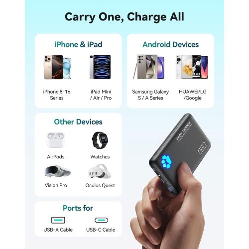 Black INIU Portable Charger, Ultra Slim 10000mAh 45W PD Power Bank, USB C in&Out Fast Charging Battery Pack, Travel Essential Phone Powerbank Compatible with iPhone 17 16 15 Samsung S22 S21 Google iPad etc