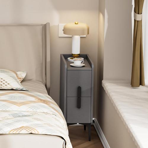 Size 15.7 D x 7.8 W x 22.4 H Color light grey VICITON Narrow Nightstand with 2 Drawers, Narrow Side Table Leather Surface, Slim Bedside Table for Bedrooms, Dormitories, Living Rooms (Light Gray, 15.7 D x 7.8 W x 22.4 H)