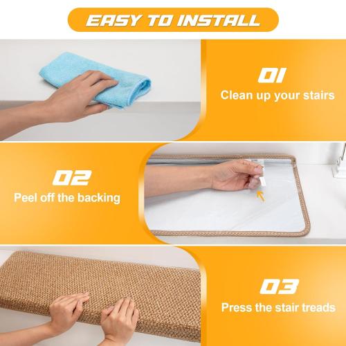 Bullnose Carpet Faux Sisal Stair Treads | Set of 14 | Stair Treads for Wooden Steps Indoor Anti Slip Braided Staircase Protector Pet Friendly Rugs Covers 9.44 X 29.5x 1.9,Golden