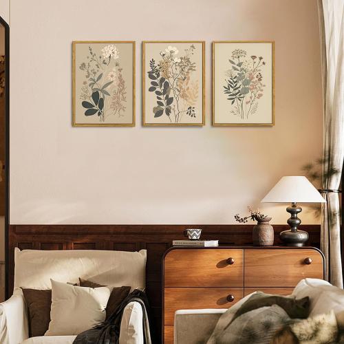 Vintage 3 Piece Floral Canvas Wall Art Framed Wildflower Wall Decor | Neutral Farmhouse Botanical Wall Painting Modern Floral Art Prints For Living Room Bedroom Office 16x24inch