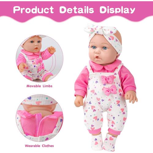 12 Baby Doll with Pink Bowknot Clothing Set,12 Inch Realistic Baby Dolls with Clothes and Accessories,Pacifier Bottle Toy Pretend Play Collection for 3  Child Girls Gifts