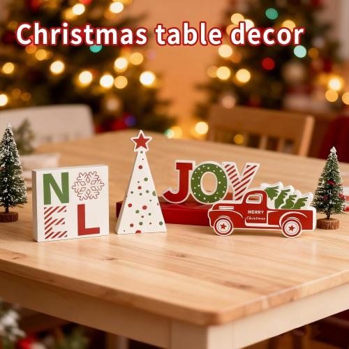 4 Pcs Christmas Table Decorations Indoor Wooden Red Truck Winter Tiered Tray Decor Rustic Merry Christmas Tree NOEL JOY Centerpiece Gift Farmhouse for Home Kitchen Shelf