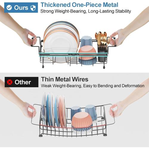 iSPECLE Small Sink Dish Drying Rack, 9 W Expandable Compact Rust Resistant Dish Drainer for RV Apartment Kitchen, Dish Rack with Lock Knob, Arms with Non Slip Rubber, Black