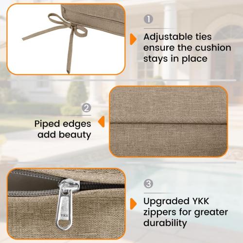 Sundale Outdoor Olefin Deep Seat Cushion Set of 2, Patio Chair Cushion and Pillow, Water-Resistant Sectional Sofa Pad with Straps Khaki, 23 x 26 x 6 Inches
