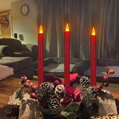 6 Pcs Burgundy Flameless Taper Candles with Remote, 10 White Battery Operated Led Candlesticks with Flickering 3D Flame, Fake Taper Candles for Halloween Anniversaries Dinner Home Décor