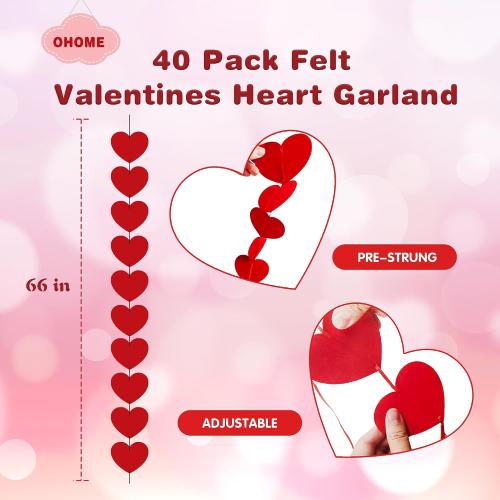 OHOME Valentines Day Decorations - 40 Pack Red Felt Heart Hanging Banner Backdrop | Valentines Decor Party Supplies Favors for Wall Home Office - Galentines Day Decorations for School Classroom Outdoor Indoor