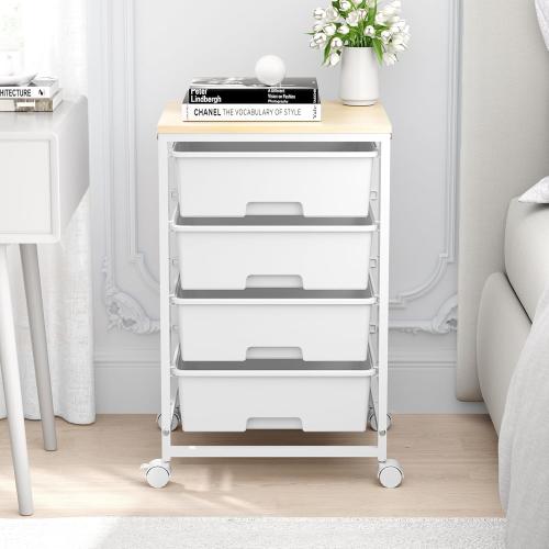 Utility Cart with 4 Drawers, Multipurpose Rolling Storage Cart with 4 Drawers and 2 Lockable Wheels, 4-Tier Rolling Storage Cart Organizer for Home Office Dorm, Bright White