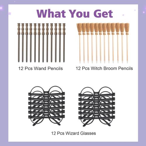 Party Supplies Kit -Black Round Glasses with Round Frame No Lenses, Broom Pencil, Wand Pencil for School Birthday, Halloween,Cosplay Party Decor（Each of 12 pcs ）