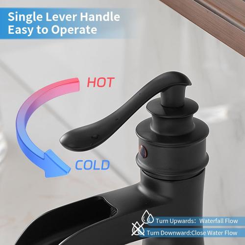 BWE Matte Black Bathroom Faucet, Waterfall Bathroom Faucet Sink Lavatory Single Hole Faucets One Handle Bath Antique with Brass Pop Up Drain Stopper Mixer Tap Overflow Water Supply Line