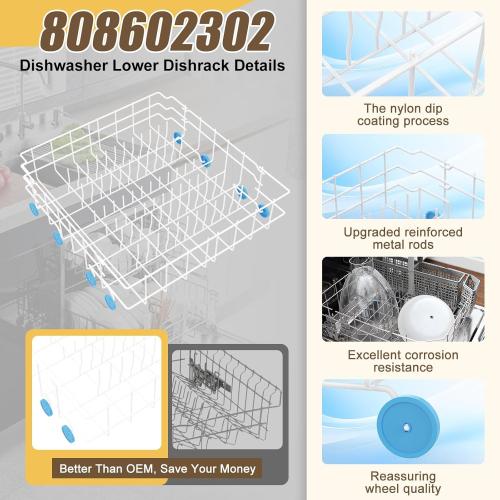 UPGRADED 808602302 Dishwasher Lower Rack Compatible with Frigidaire, Kenmore Bottom Rack Dishwasher Replacement with 154174501 Blue Wheels Replace 154432602 154432601 Dishwasher Rack Replacement