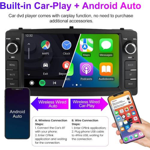 Android Double Din Car Stereo for Toyota Corolla E120 2000 2001 2002 2003 2004 2005 2006, 7 Inch Touch Car GPS Radio Wireless Car-Play Android Auto Support WiFi Blue-Tooth FM RDS, 2GB RAM 32GB ROM