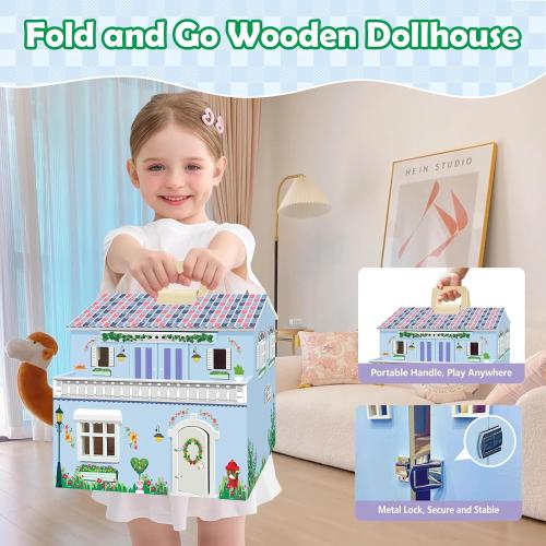 DIY Wooden Dollhouse with 3 Sticker Sheets – Create 2 Styles (White & Pink), Foldable Design with Portable Handle & Metal Lock, 4 Rooms, 16 pcs Furniture, 2 Dolls, Gift for Kids Ages 3