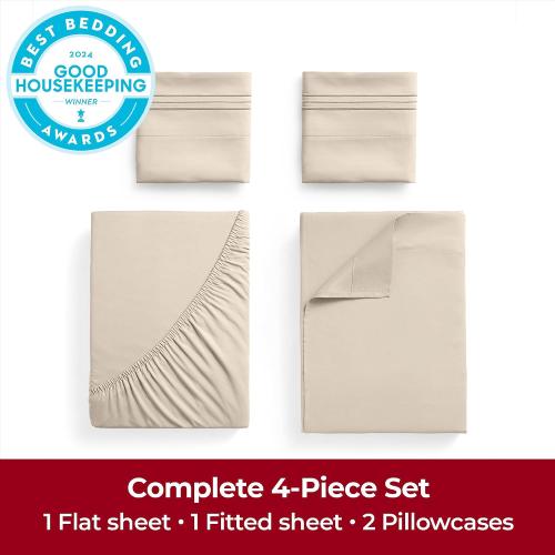 Mellanni Extra Deep King Sheets - 4 PC Iconic Collection Bedding - Hotel Luxury, Ultra Soft, Cooling Bed Sheets - Wrinkle, Fade, Stain Resistant (King, Beige)