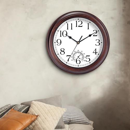 KECYET 12 Inch Outdoor Wall Clock with Thermometers, Vintage Silent Wall Clocks Battery Operated, Retro Non-Ticking Clock Decorative for Living Room, Patio, Kitchen, Office, Bathroom, Bedroom(Bronze)