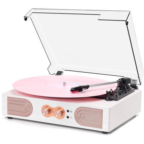 Color White  rose Gold Vinyl Record Player with Built-in Speakers 3-Speed Vintage Record Player Support Treble& Bass Control, 3.5mm Headphone Jack, RCA-Out/Aux in, Belt-Driven LP Turntable,White Rose Gold