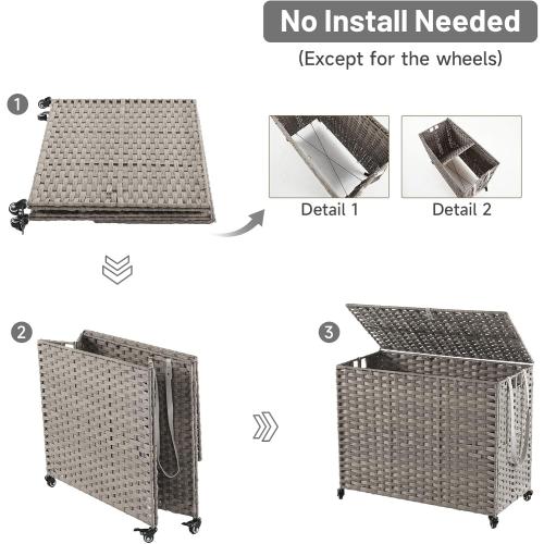 Laundry Hamper with Wheels, 52.8 Gallon(200L) Rolling Laundry Basket with Lid, 3-Section Rattan Clothes Hamper with 3 Removable Liner & 3 Mesh Bags, Laundry Sorter with Side Pocket, Grey