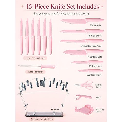 Astercook Knife Set with Clear Block and Sharpener 22Pcs Pink