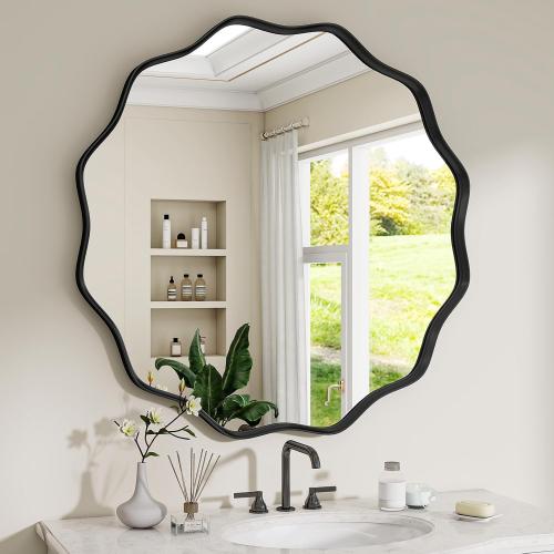 24 Gold Round Wavy Mirror, 24 Inch Metal Frame Circle Mirror, Round Wall Mounted for Entryway, Bathroom, Vanity, Living Room, Gold