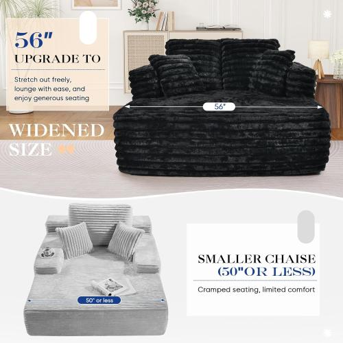Oversized Chaise Lounge Indoor, Modern Plush Corduroy Fabric Deep Seat Boneless Memory Foam Sleeper Chaise Lounge Sofa Chair with Pillows for Living Room Bedroom Studio, No Assembly Couch, Black