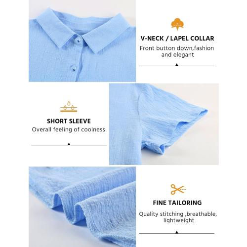 Womens XL Button Down Shirts Cotton Summer Tops V Neck Short Sleeve Shirt Collar Blouse Casual Plain Tshirt Work Tops
