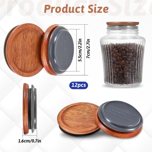 12PCS 2.75 Wooden Lids for Mason Jars Round Regular Mouth Canning Lids with Airtight Silicone Seal Reusable Lid for Canning and Preserving in Mason Jars, Coffee Color
