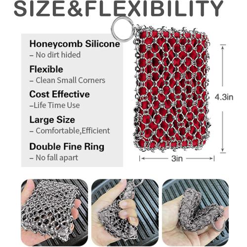 Herda 316L Cast Iron Scrubber Cleaner, Large Cast Iron Chain Mail Scrubber - Chainmail Scrubber Sponge - Metal Skillet Scrubbing, Wok, Dutch Oven Cleaning Kit
