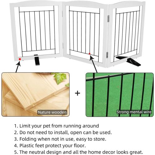 ZJSF Freestanding Dog Fence Indoor, Foldable Dog Gate for Doorways, Stairs or Hallways, Sturdy Wood Extra Wide Pet Gate with Support Feet for The House, White, 24 Height-3 Panels