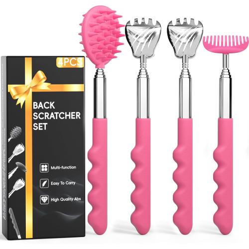 Gumry Versatile Back Scratcher - Portable Telescoping Extendable Back Massager Tool with Different Heads & Rubber Handles, Stocking Stuffers & Birthday Gifts for Women, Mom, Her, Men - Pink
