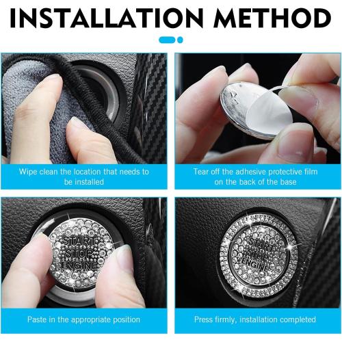 Crystal Rhinestone Car Engine Stop Decoration Ring Sticker, Sparkling Rhinestone Push Start Button Decorative Cover, Bling Interior Accessories for Women, Universal for Most Car (White)