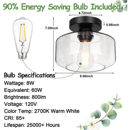 Industrial Semi Flush Mount Ceiling Light, 800 Lumen LED Bulb Included, Seeded Glass Shade Farmhouse Light Fixture for Hallway Corridor Kitchen Bathroom Bedroom Passway