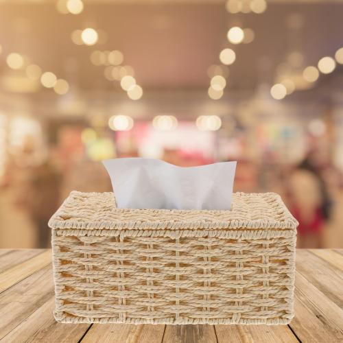 Woven Paper Rope Tissue Box Holder, Handmade Rattan Napkin Storage Basket, Beige Decorative Tissue Cover for Home Office Bathroom