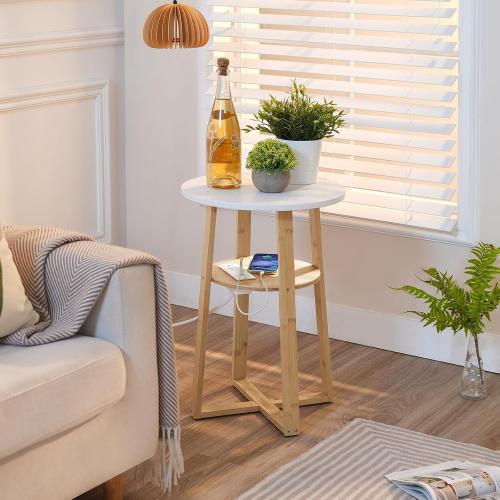 HOOBRO Round Side Table with Charging Station, Round Accent End Table with Bamboo Legs for Living Room, Bedroom, White and Natural YW101UBZ01