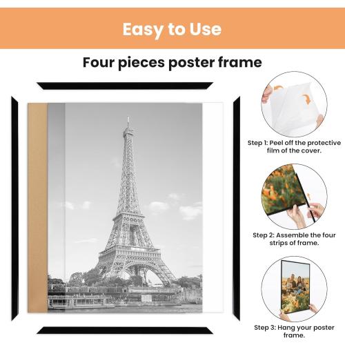 upsimples 24x36 Poster Frame Black 3 Pack, Scratch-Proof Picture Frames 24 x 36 for Photo Gallery - Slide-In Strips, Horizontal or Vertical Wall Mounting