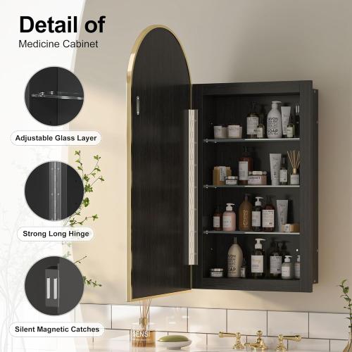 Size 16x31 Color brass Gold Recessed Medicine Cabinet Mirror,Brushed Brass Gold Arched Medicine Cabinet with Mirror for Bathroom,Metal Edge Mirrored Medicine Cabinets,in Wall Arch Mirrored Cabinets with Storage 16x31
