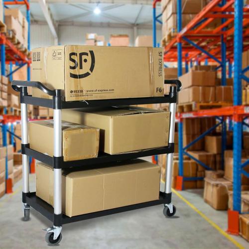Plastic Commercial Cart Large Size, Restaurant Cart with Wheels Lockable, Heavy Duty Utility Service Cart for Foodservice, Commercial,Office, Warehouse, Black, 40.15X 19.29x 38.97 inches.