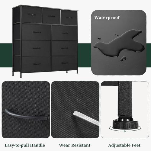 9-Drawer Dresser for Bedroom, Anti-Tip Tall Storage Organizer Chest of Drawers with Wooden Top and Metal Frame Fabric Bins for Closet, Living Room, Hallway, Entryway, Black