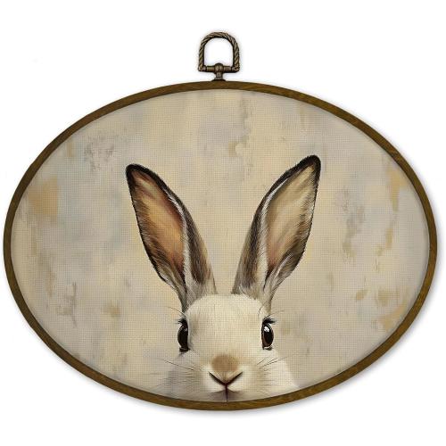 nvucamd Vintage Bunny Oval Wall Art Decor Framed, Classic Rabbit Canvas Prints Wall Art, Retro Farmhouse Easter Bunny Gifts Hanging Decor for Home Bedroom Bathroom Nursery, 11.3x8.7 Inches