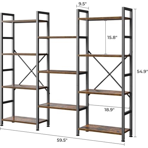 SUPERJARE Triple 4 Tier Bookshelf, Bookcase with 11 Open Display Shelves, Wide Book Shelf Book Case for Home & Office, Rustic Brown