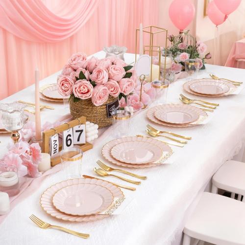 YOUBET 60PCS Pink Scalloped Plastic Plates - Hard Pink and Gold Fancy Disposable Plates include 30 Gold Dinner Plate, 30 Dessert Plate for Party & Wedding & Baby Shower Valentines Day