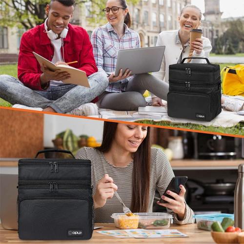 opux Insulated 2 Deck Lunch Bag for Men Women, Large Dual Compartment Cooler Bag for Work School Picnic, Leakproof with Strap for Kid Adult (Black)